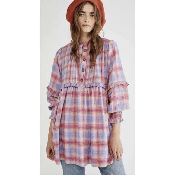 Free People Dresses & Skirts - Free People Redwood Flannel Size Small Pink Plaid Babydoll Mini Dress M